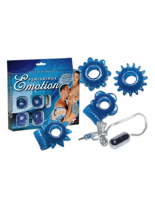 SET 4 ANELLI FALLICI CON RILIEVI STIMOLANTI E OVETTO VIBRANTE \"EMOTION\"