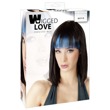 PARRUCA NERA TAGLIO LISCO CON FRANGE BLU KATIE